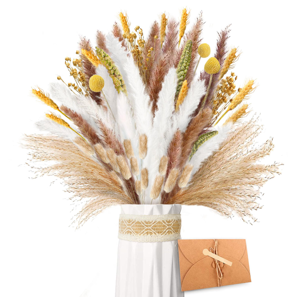 Pampasgras Getrocknet - Natürliche Trockenblumen, Braun、Weiß Pampasgras Flauschige Wedel, Lagurus und Schilfblume Trockenblumen Strauß Dried Flowers, für Blumen Arrangements Heim Decor