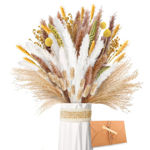 Pampasgras Getrocknet - Natürliche Trockenblumen, Braun、Weiß Pampasgras Flauschige Wedel, Lagurus und Schilfblume Trockenblumen Strauß Dried Flowers, für Blumen Arrangements Heim Decor