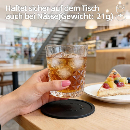 HELI MIAO Untersetzer Gläser Silikon mit Halter,rutschfest Glasuntersetzer mit Hohem Rand für Auslaufschutz,Hitzebeständig Tassenuntersetzer für Couchtisch,Esstisch&Bar,10Stück mit Halter Schwarz