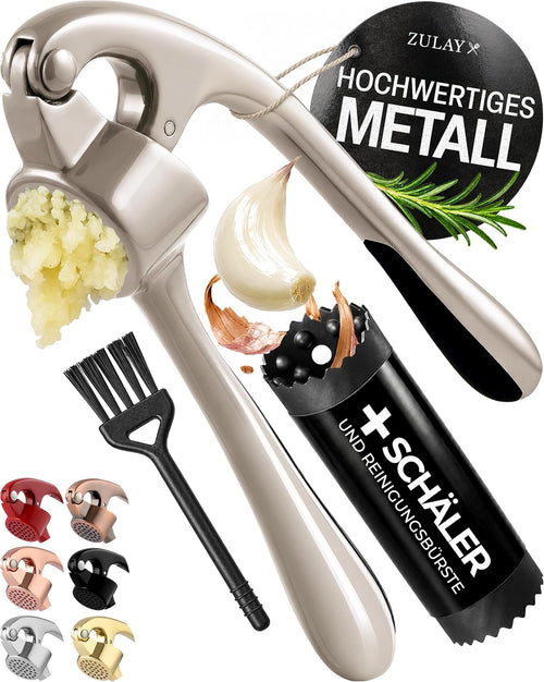 Knoblauchpresse aus Edelstahl mit Silikonschäler