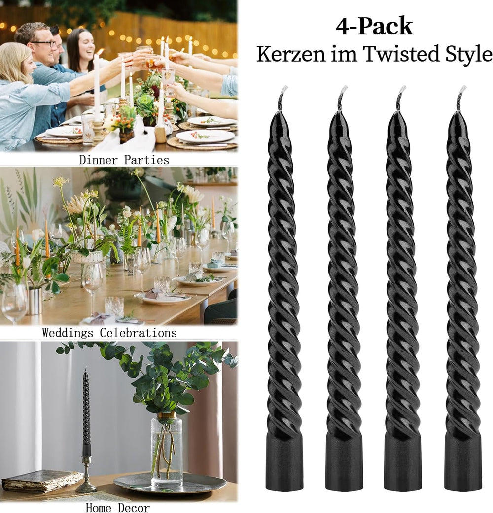Bolosa 4 Stück Spiralkerzen Schwarz, Spitzkerzen, Lange Kerzen, Aesthetic, Dinner Kerzen Gedreht