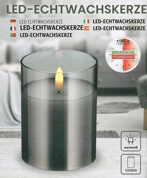 Brandsseller LED Kerze 7,5x10 cm Echtwachs im Glas Warmweiß Flackerfunktion Timerfunktion - Grau