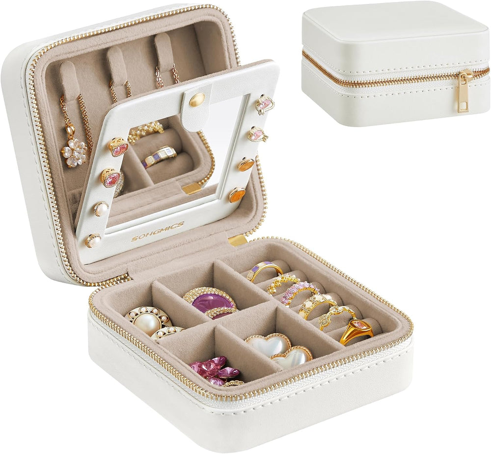 SONGMICS Schmuckkästchen Reise, Spiegel, PU-Bezug, 11,4 x 11,4 x 6 cm