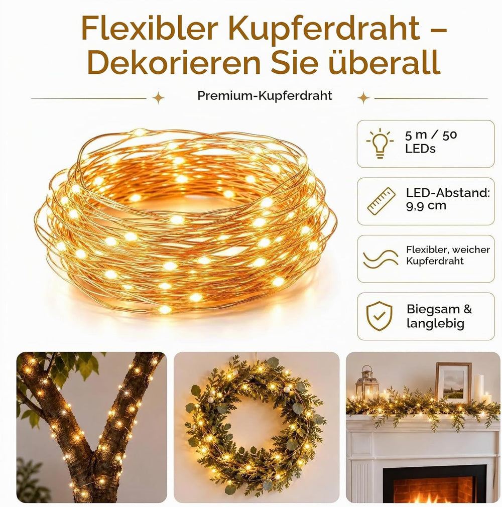 Wiederaufladbare Feenlichter,5M/50LEDs Lichterkette für Weihnachten