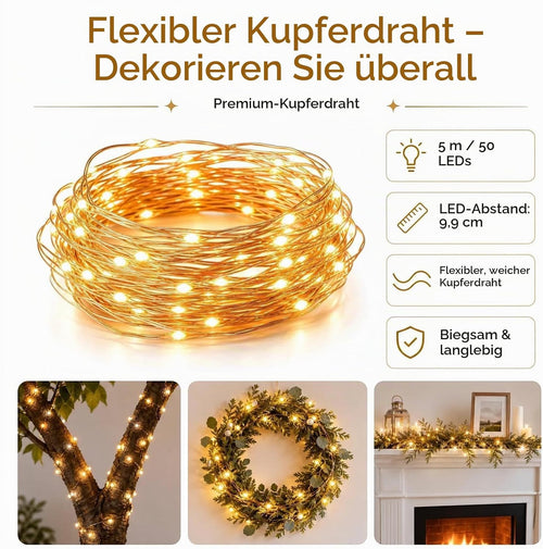 Wiederaufladbare Feenlichter,5M/50LEDs Lichterkette für Weihnachten