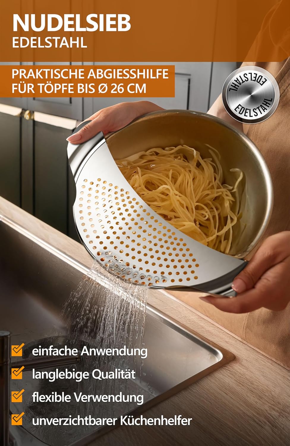 4smile Nudelsieb - Nudelsieb Edelstahl als Abgiesshilfe für Töpfe bis Ø 26 cm - Flaches Abtropfsieb platzsparend, funktionale Abgießhilfe für Pasta, Kartoffeln, Gemüse