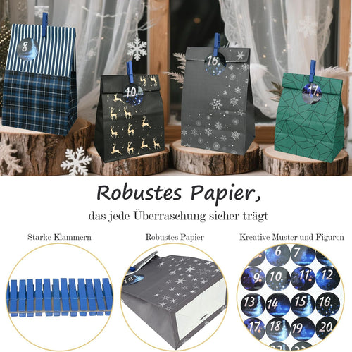 Adventskalender Tüten zum Befüllen, 24 Diy Adventskalender zum Befüllen mit Zahlenaufklebern & Klammern, Papiertüten Weihnachtskalender Tüten, Weihnachten Geschenke Machen