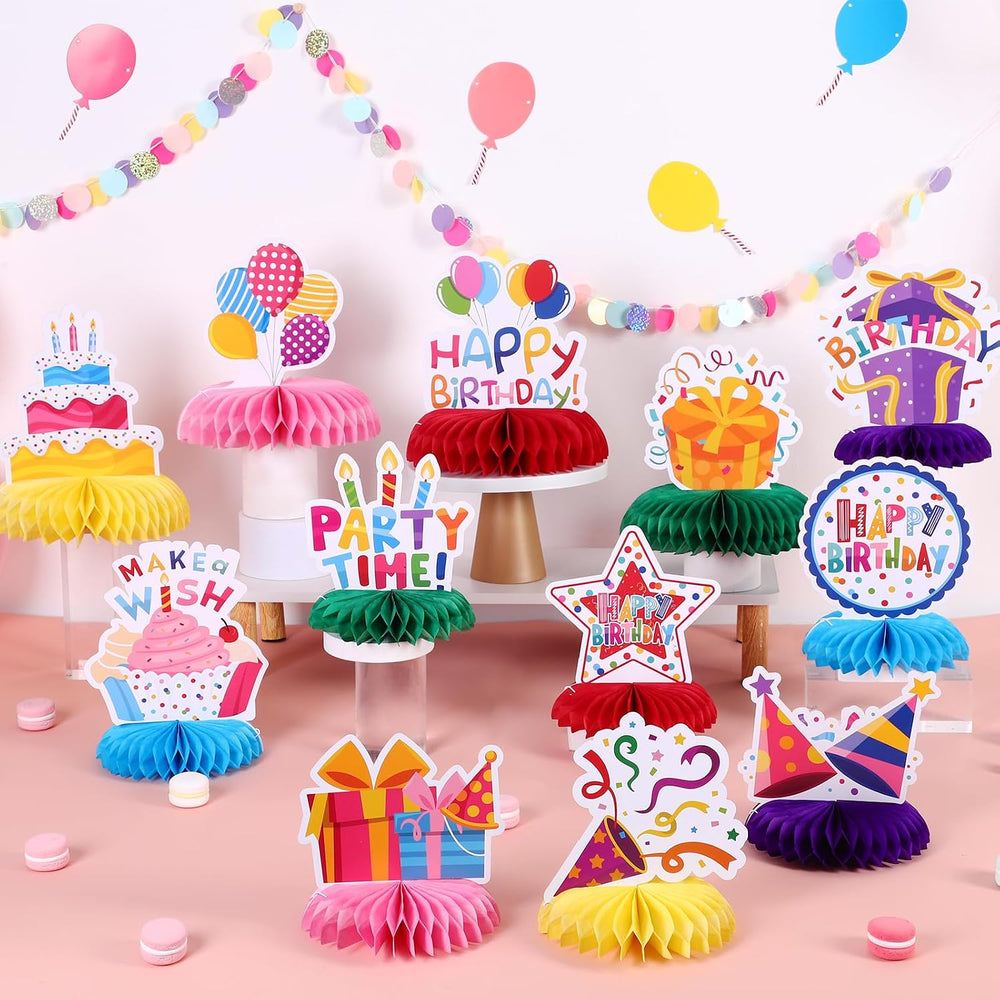 NatNarr 12 Stück Set Geburtstagstisch Deko Happy Birthday Waben Tischaufsteller Bunte