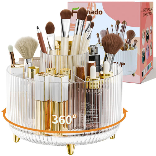 fanado 360 ° drehbarer Make-up-Organizer, Make-up-Pinselhalter, 5 Fächer für Make-up und Hautpflege-Aufbewahrung für Schminktisch, Desktop, Badezimmer (weiß)