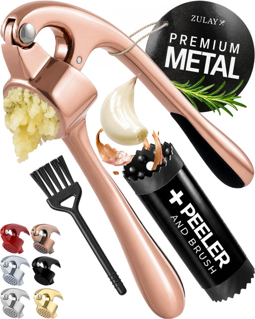 Zulay Kitchen Knoblauchpresse Edelstahl mit Silikon-Knoblauchschäler und Reinigungsbürste, Knoblauchpresse mit Komfortabler Griff, Ingwerpresse, Haushaltshelfer Knoblauch presse Garlic Crusher, Silber