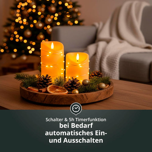 LED Universum - LED Kerze Cynthia 10cm, Echtwachskerze umwickelt mit einer LED Lichterkette, cremefarben, warmweißes Licht, 5h Timer, Batteriebetrieben: 2x AA (nicht inklusive) (Cynthia 10 cm)