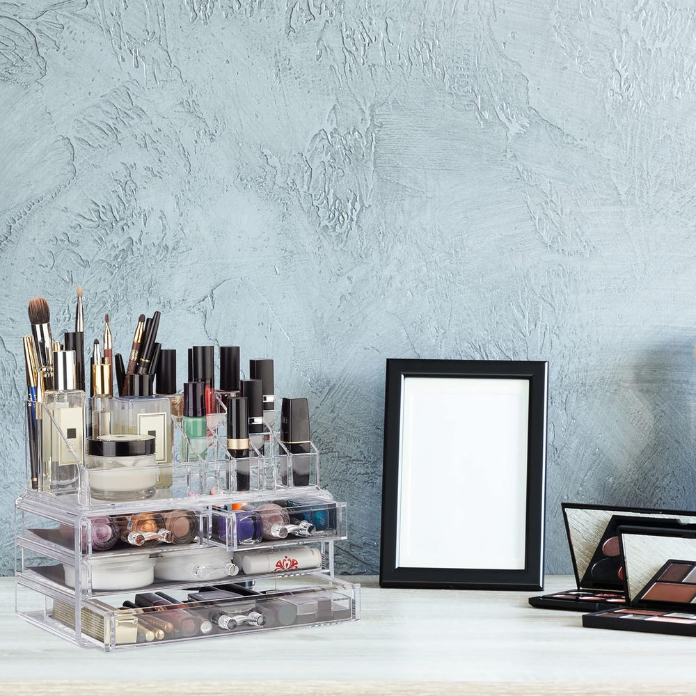Relaxdays Make Up Organizer Acryl, 2-teilige Schminkaufbewahrung mit Lippenstifthalter und 4 Schubladen, transparent, 19 x 24 x 13.5 cm