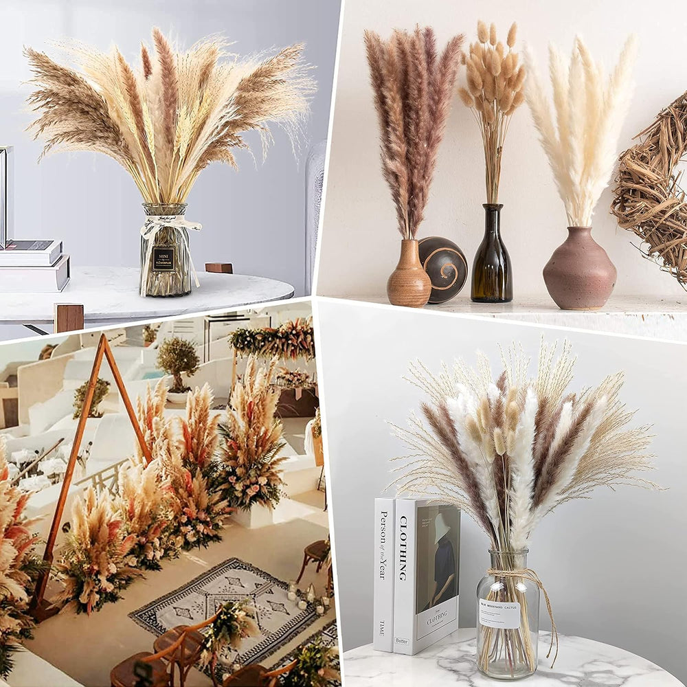 Pampasgras Getrocknet - Natürliche Trockenblumen, Braun、Weiß Pampasgras Flauschige Wedel, Lagurus und Schilfblume Trockenblumen Strauß Dried Flowers, für Blumen Arrangements Heim Decor