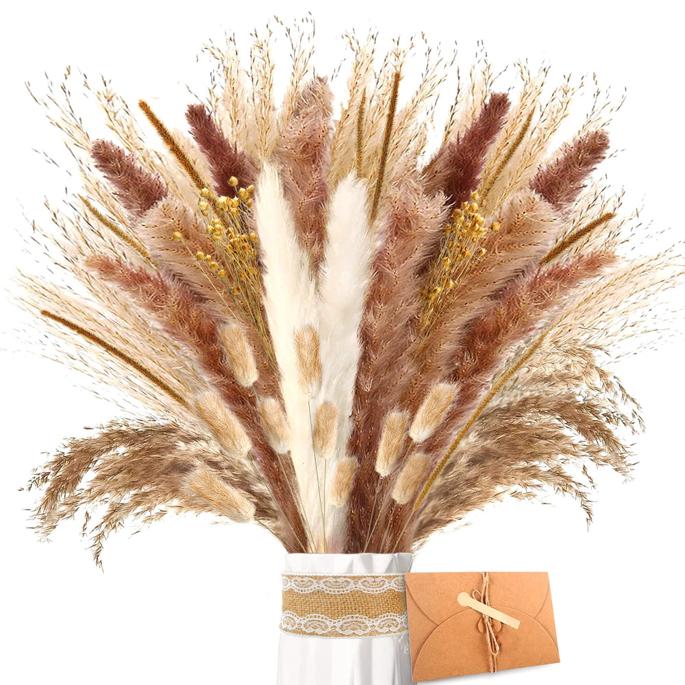 Pampasgras Getrocknet - Natürliche Trockenblumen, Braun、Weiß Pampasgras Flauschige Wedel, Lagurus und Schilfblume Trockenblumen Strauß Dried Flowers, für Blumen Arrangements Heim Decor