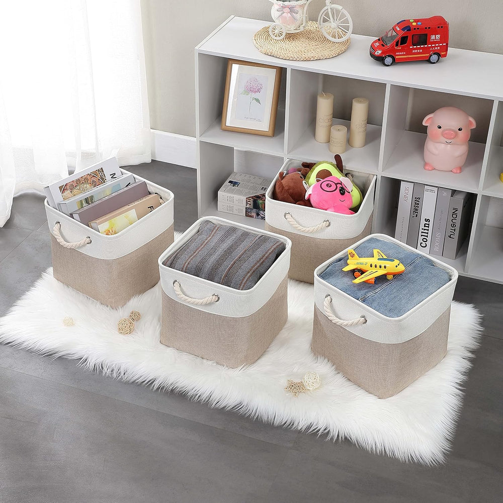 Mangata Stoff Aufbewahrungsbox 33x33x33 cm Faltbar Helles Khaki Weiß 1er Pack